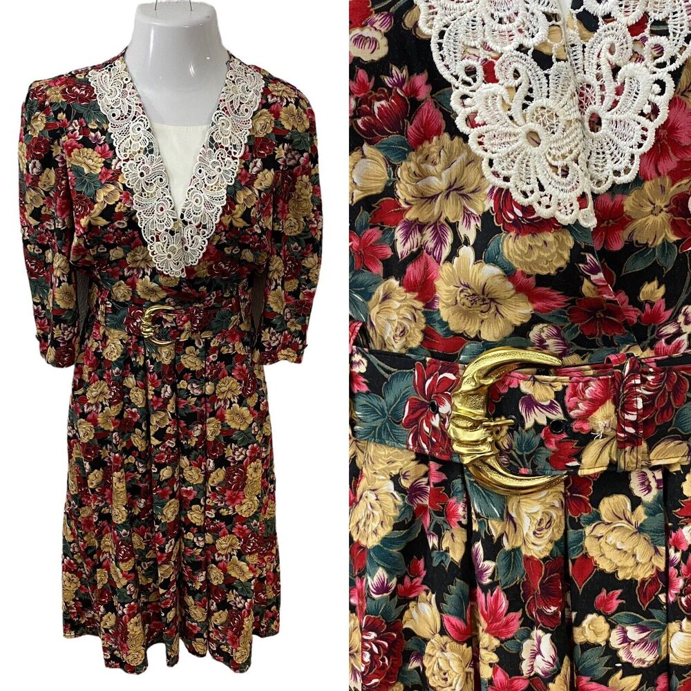 SL Petites Dress Womens 8P  Vintage Cottage Peasant Floral Lace Belt Pocket 90s